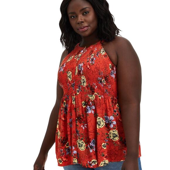 Torrid Smocked Top Babydoll Size 4X Rayon Crepe Tank Button Front Floral Red EUC - Picture 2 of 12